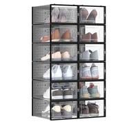 SONGMICS Shoe Boxes, Pack of 12 Stackable Shoe Storage Organisers, Foldable and Versatile for Sneakers, Fit up to UK Size 9.5, Transparent and Ink Black LSP006B12V1