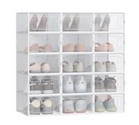SONGMICS Shoe Boxes, Pack of 15 Stackable Shoe Storage Organisers, Foldable and Versatile for Sneakers, Fit up to UK Size 9, Transparent and White LSP015W02