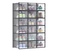 SONGMICS Shoe Boxes, Pack of 18 Stackable Shoe Storage Organisers, Foldable and Versatile for Sneakers, Fit up to UK Size 11, Black LSP007B18