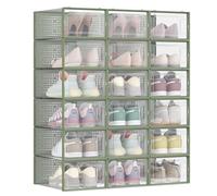 SONGMICS Shoe Boxes, Pack of 18 Stackable Shoe Storage Organisers, Foldable and Versatile for Sneakers, Fit up to UK Size 9.5, Transparent and Laurel