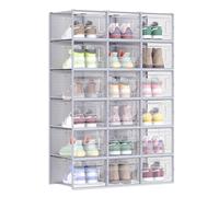 SONGMICS Shoe Boxes, Pack of 18 Stackable Shoe Storage Organisers, Foldable and Versatile for Sneakers, Fit up to UK Size 11, Transparent and Grey LSP007G18