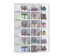 SONGMICS Shoe Boxes, Pack of 18 Stackable Shoe Storage Organisers, Foldable and Versatile for Sneakers, Fit up to UK Size 11, Transparent and White LSP18MWT