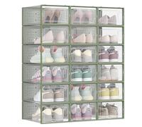 SONGMICS Shoe Boxes, Pack of 12 Stackable Shoe Storage Organisers, Foldable and Versatile for Sneakers, Fit up to UK Size 11, Transparent and Laurel Green LSP12SG30