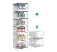 SONGMICS Shoe Boxes, Pack of 6 Stackable Shoe Storage Organiser, Integraed Shoe Cabinet, Foldable and Portable, Fit up to UK size 12, 60s Assembly, Transparent and Cloud White LSP205W01