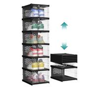 SONGMICS Shoe Boxes, Pack of 6 Stackable Shoe Storage Organiser, Integraed Shoe Cabinet, Foldable and Portable, Fit up to UK size 12, 60s Assembly, Transparent and Ink Black LSP205B01