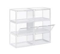 SONGMICS Shoe Boxes, Pack of 6, Stackable Storage Chest with Door, Plastic, Size up to 46, 36 x 28 x 22 cm, Transparent LSP06CW