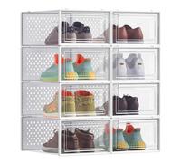 SONGMICS Shoe Boxes, Pack of 8 Stackable Shoe Storage Organisers, Foldable and Versatile for Sneakers, Fit up to UK Size 9.5, Transparent and White L