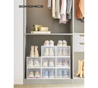 SONGMICS Shoe Boxes, Pack of 8 Stackable Shoe Storage Organisers, Foldable and Versatile for Sneakers, Fit up to UK Size 11, Transparent and White LSP08SWT