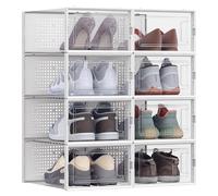 SONGMICS Shoe Boxes, Pack of 8 Stackable Shoe Storage Organisers, Foldable and Versatile for Sneakers, Fit up to UK Size 11, Transparent and White LSP08SWT