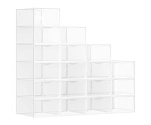 SONGMICS Shoe Boxes Plastic Shoe Organiser with Door Clear Set of 18 Stackable Easy Assembly 33.2 x 23 x 14.5 cm for Shoes up to Size 43 Transparent Cloud White LSP318W01