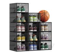 SONGMICS Shoe Boxes, Plastic Shoe Storage Organisers with Clear Doors, Set of 12, Stackable, Easy Assembly, 27 x 34.5 x 19 cm, up to UK Size 10, Black LSP032B12V1