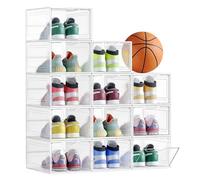 SONGMICS Shoe Boxes, Plastic Shoe Storage Organisers with Clear Doors, Set of 6, Stackable, Easy Assembly, 27 x 34.5 x 19 cm, up to UK Size 10, White LSP032W06