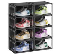 SONGMICS Shoe Boxes Set of 8, Stackable Shoe Organisers with Doors, 33 x 28.5 x 19.2 cm, Fits Shoes up to UK Size 11, Transparent Black LSP508B01