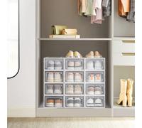 Songmics Shoe Caddies, Boxes, 12 Stackable Storage Organisers, Foldable And Multipurpose, Transparent And White