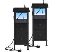 Songmics Slim Bedside Tables Set Of 2 With Charging Station, Led Side Table With 2 Drawers, Black