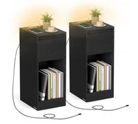 Songmics Slim Bedside Tables With Charging Station And Led Light, Set Of 2 Narrow Side End Tables, Usb Ports