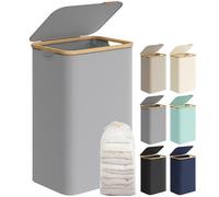 SONGMICS Slim Laundry Basket with Lid, 90L, Space Saving, Removable Mesh Lining, Oxford Fabric, Bamboo Handles, Foldable, 42 x 32 x 70.5 cm, Dove Grey LCB509G01
