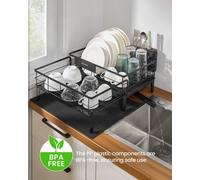 SONGMICS Dish Drying Rack, Dish Drainer for Kitchen Counter, 360?Rotatable and Extendable Spout, Drainboard, with Cutlery Holder, 31-56 x 42 x 20 cm, Ink Black KCS552B01