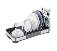 SONGMICS Small Dish Drying Rack, Dish Dryer for Kitchen Counter, Stainless Steel Dish Rack with Drain, Utensil Holder, Rustproof, for Dishes, Knives, Spoons, Forks, Silver and Grey KCS034G01