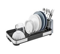 SONGMICS Small Dish Drying Rack, Mini Dish Dryer for Kitchen Counter, Stainless Steel Dish Rack with Drain, Utensil Holder, Rustproof, for Dishes, Knives, Spoons, Forks, Silver and Black KCS034B01
