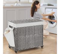 SONGMICS Spacious 3-Compartment Rolling Laundry Hamper Synthetic Rattan Wheels in Grey SONGMICS Grey