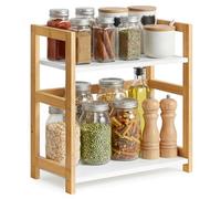 SONGMICS Spice Rack, 2-Tier Countertop Storage Shelf, Desktop Organiser with Bamboo Frame, for Kitchen, Dining Room, Office, Natural Beige and Snow White OFS046W101