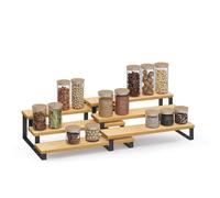 SONGMICS Spice Rack, Set of 2 Cabinet Shelf Organisers, 3-Tier, 32x24.5x11.2/32x24x9.5cm, Natural Beige and Ink Black