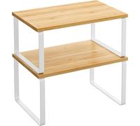 SONGMICS Spice Rack, Set of 2 Cupboard Shelf Organiser, Expandable Kitchen Shelf Organiser, Stackable Spice Holder, Metal and Engineered Wood, White and Natural KCS02NW