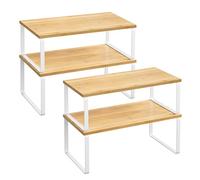 SONGMICS Spice Rack, Set of 2 Cupboard Shelf Organisers, Expandable Kitchen Shelf Organiser, Stackable Spice Holder, Metal and Engineered Wood, Cloud White and Natural Beige KCS210W01