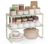 SONGMICS Spice Rack, Set of 2 Cupboard Shelf Organisers, Expandable Kitchen Shelf Organiser, Stackable Spice Holder, Metal and Engineered Wood, Summer Sand KCS200K01