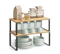 SONGMICS Spice Rack, Set of 2 Cupboard Shelf Organisers, Expandable Kitchen Shelf Organiser, Stackable Spice Holder, Metal and Engineered Wood, Cloud White and Natural Beige KCS210B01