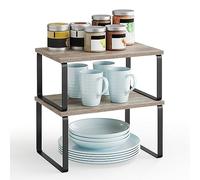 SONGMICS Spice Rack, Set of 2 Cupboard Shelf Organisers, Expandable Kitchen Shelf Organiser, Stackable Spice Holder, Metal and Engineered Wood, Ink Black and Heather Greige KCS020X02