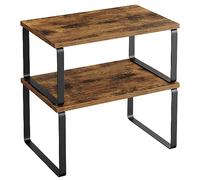 SONGMICS Spice Rack, Set of 2 Cupboard Shelf Organiser, Expandable Kitchen Shelf Organiser, Stackable Spice Holder, Metal and Engineered Wood, Black and Rustic Brown KCS020X01