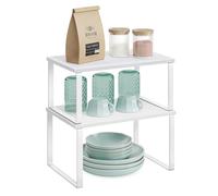 SONGMICS Spice Rack, Set of 2 Cupboard Shelf Organisers, Expandable Kitchen Shelf Organiser, Stackable Spice Holder, Metal and Engineered Wood, Cloud White and Snow White KCS02W01