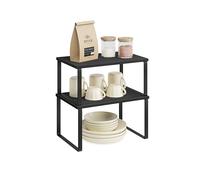 SONGMICS Spice Rack, Set of 2 Cupboard Shelf Organisers, Expandable Kitchen Shelf Organiser, Stackable Spice Holder, Metal and Engineered Wood, Ink Black and Ebony Black KCS02B01