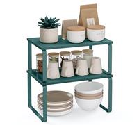 SONGMICS Spice Rack, Set of 2 Cupboard Shelf Organisers, Expandable Kitchen Shelf Organiser, Stackable Spice Holder, Metal and Engineered Wood, Ivy Green KCS002C02
