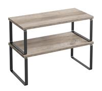 SONGMICS Spice Rack, Set of 2 Multi-Purpose Shelf Set, Kitchen Organisers, Expandable, Stackable, Industrial, Minimalist Style, Wood Material, Ink Black Greige Mottled KCS200X02