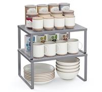 SONGMICS Set of 2 Cupboard Organisers, Kitchen Storage, Stackable, Expandable, Metal Counter Shelves, Silver KCS01SV
