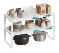 SONGMICS Spice Racks, Extendable Cupboard Organisers, Kitchen Countertop Shelves, Set of 2, Space-Saving Metal Storage, Matte White KCS402W01