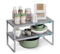 SONGMICS Spice Racks, Extendable Cupboard Organisers, Kitchen Countertop Shelves, Set of 2, Space-Saving Metal Storage, Silver KCS402FG01