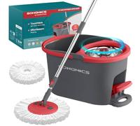SONGMICS Spin Mop Bucket Set with Pedal Wringer, Floor Cleaning Mop, Adjustable Telescopic Handle 122.5-150 cm, 360° Rotating Head, 1 Microfibre Pad, Grey and Red LMB002GT01