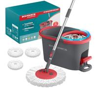 SONGMICS Spin Mop Bucket Set with Pedal Wringer, Floor Cleaning Mop, Adjustable Telescopic Handle 122.5-150 cm, 360° Rotating Head, 3 Microfibre Pads, Grey and Red LMB002GT03