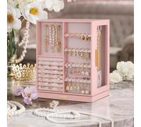 Songmics Spinning Jewellery Display Tower, Revolving Storage Case With Drawers, Glass Window Organiser, Jelly Pink
