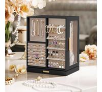 Songmics Spinning Jewellery Organiser Tower, Rotating Display Case With Drawers, Glass Front Storage, Graphite Black