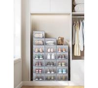 Songmics Stackable Shoe Storage Organizers, 18 Shoe Boxes, Foldable And Multifunctional For Organizing, Transparent And Grey
