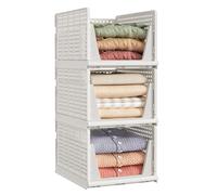 SONGMICS Stackable Wardrobe Storage, Foldable Closet Organiser, Set of 3 Pull-Out Baskets, Closet Storage and Organisation, Bedroom, Office, Bathroom, White LPC310WZ01