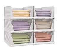 SONGMICS Stackable Wardrobe Storage, Foldable Closet Organiser, Set of 6 Pull-Out Baskets, Closet Storage and Organisation, Bedroom, Office, Bathroom, White LPC600WZ01