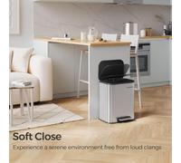 Songmics Stainless Steel Pedal Trash Bin, Soft-Close Lid, Keeps Open, Inner Bucket Feature, Wide Anti-Slip Pedal, Metallic Silver