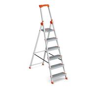 SONGMICS Step Ladder, 6-Step Aluminium Ladder with 12 cm Deep Steps, Foldable with Tool Tray and Anti-Slip Feet, Max. Static Load 150 kg, Silver and Orange GLT006E11