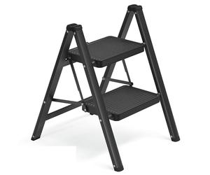 SONGMICS Step Ladder, Folding Step Stool, 2-Step Foldable Ladder, Holds up to 150 kg, Steel, Heavy-Duty, Easy Storage for Home and Office, 55 x 43.4 x 61.8 cm, Black GSL102BZ01